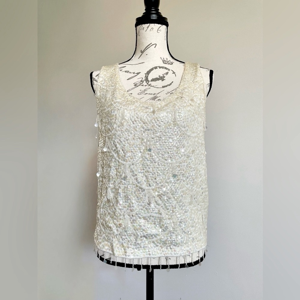 VTG 60s Asahi Bemsilkie Glam Iridescent Sequined Beaded Knit Sleeveless Top - L